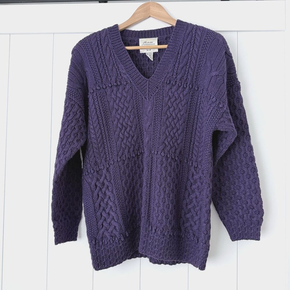 VTG Express Hand Knit V-Neck Sweater M Purple Ramie Cotton Chunky Cottage Beach